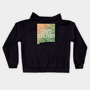 Colorful mandala art map of New Mexico with text in green and orange Kids Hoodie